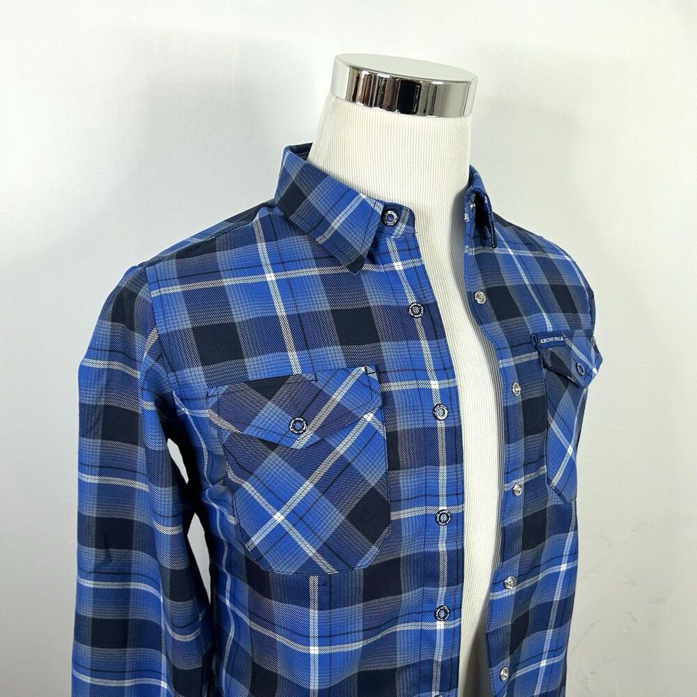 Dixxon x Grunt Style Medium Defender Flannel Shirt Blue White Plaid Snap Front